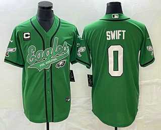 Mens Philadelphia Eagles #0 DAndre Swift Green C Patch Cool Base Stitched Baseball Jersey